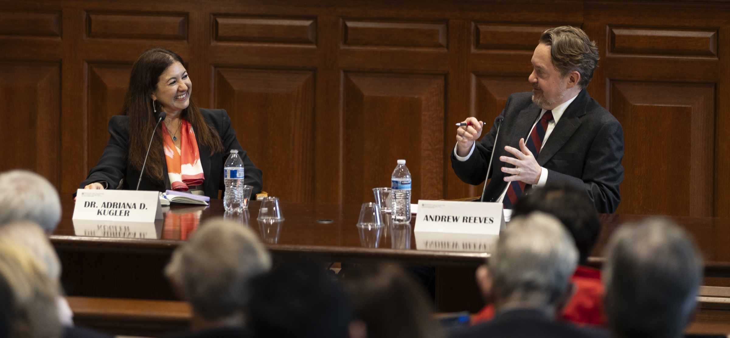Federal Reserve Governor Adriana Kugler in conversation with Andrew Reeves before an audience at a Weidenbaum Center forum