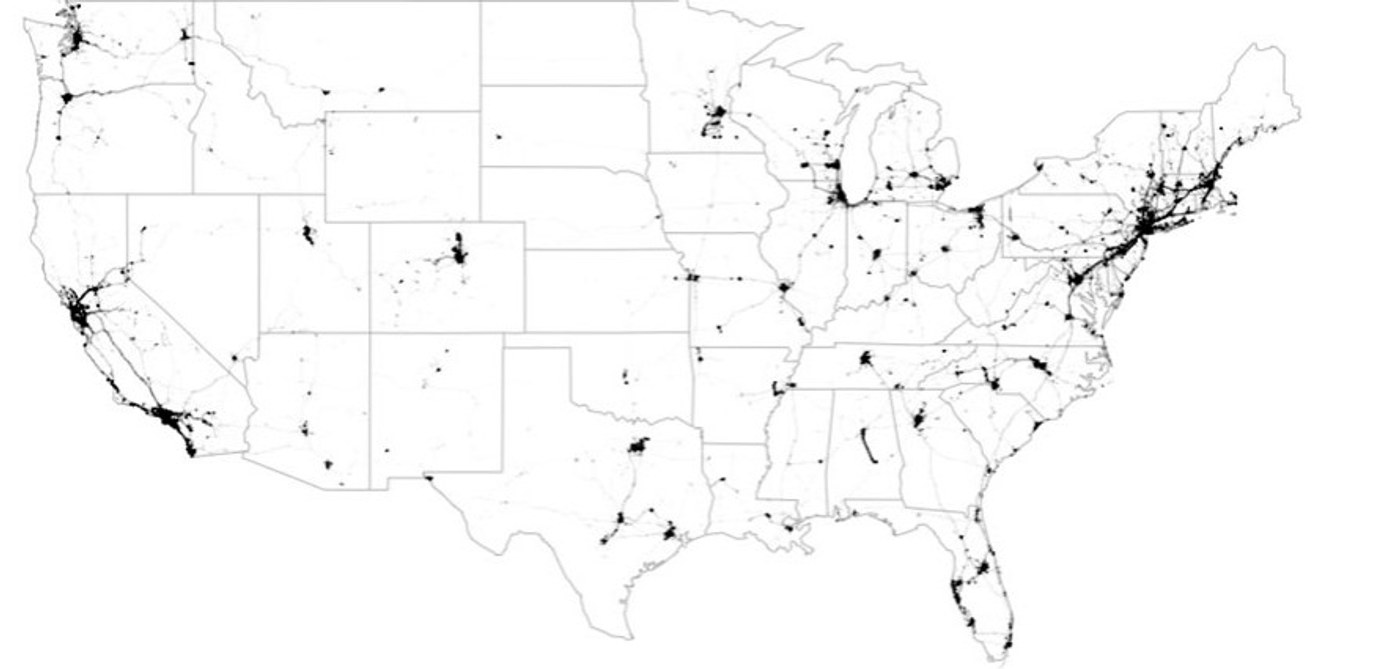 Map of OpenPaths geolocation observations across the United States
