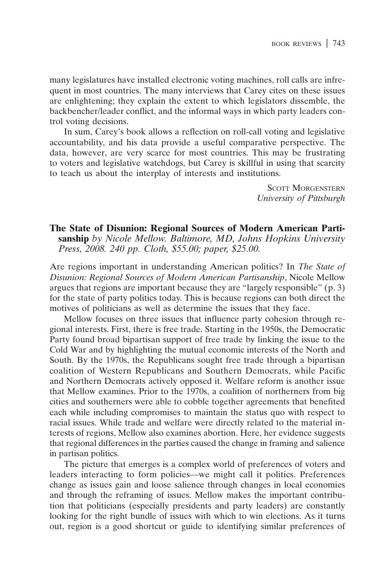 First page preview of Review of The State of Disunion: Regional Sources of Modern American Partisanship by Nicole Mellow