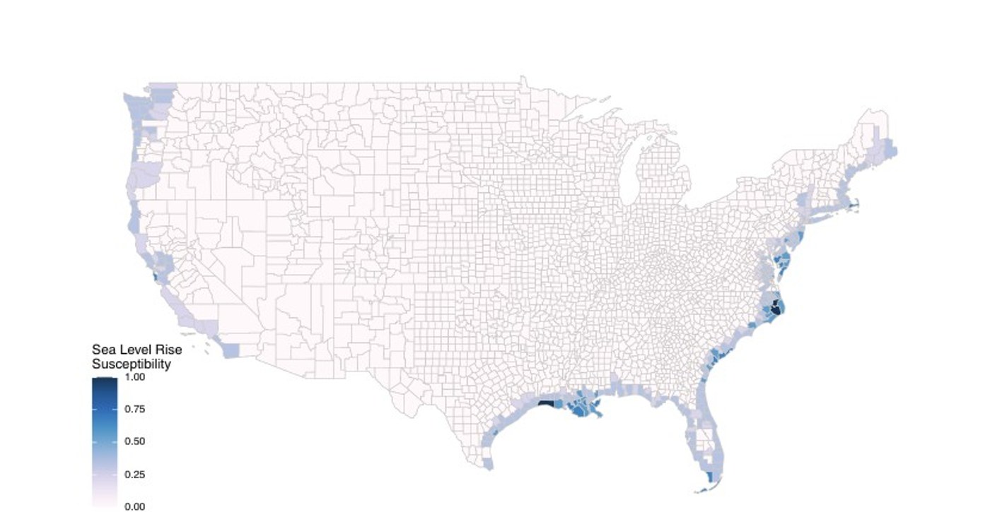 County-level U.S. map of sea-level-rise susceptibility from Rising Seas, Rising Concerns