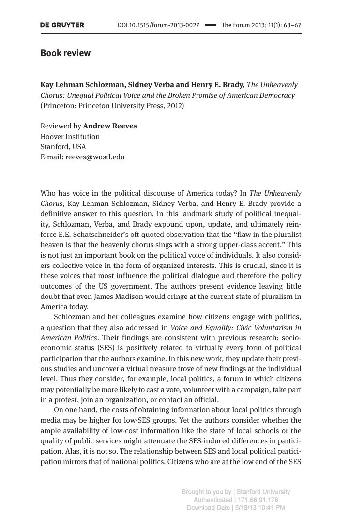 First page preview of Review of The Unheavenly Chorus: Unequal Political Voice and the Broken Promise of Democracy by Kay Lehman Schlozman, Sidney Verba, and Henry E. Brady